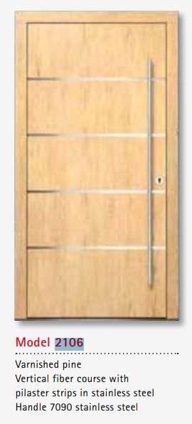 UNILUX Model 2106 Pine Door, Varnished, Vertical Fiber, Stainless Pilaster, Security Lock, Triple Glazing, German Quality